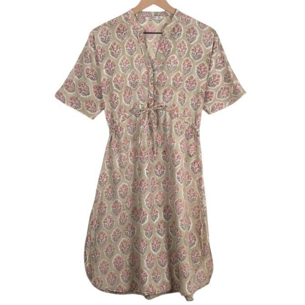 COTTONWORLD Block Print Empire Drawstring Mini Dress Sz S Sage Green Pink Floral